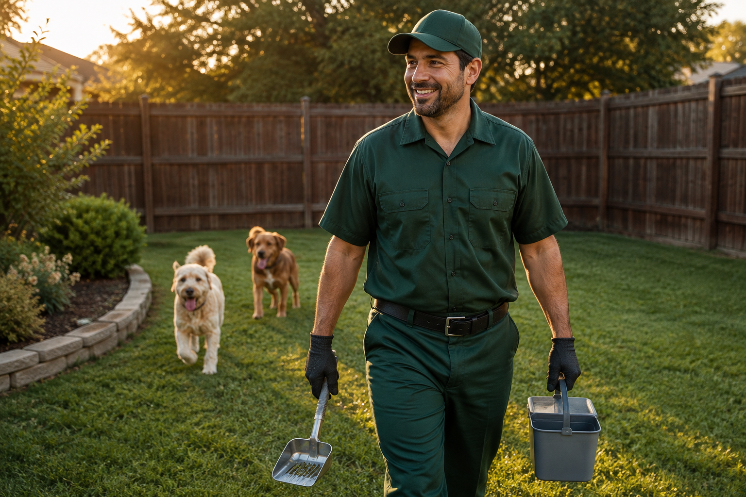 Friendly pet waste technician walking through a backyard with two dogs
