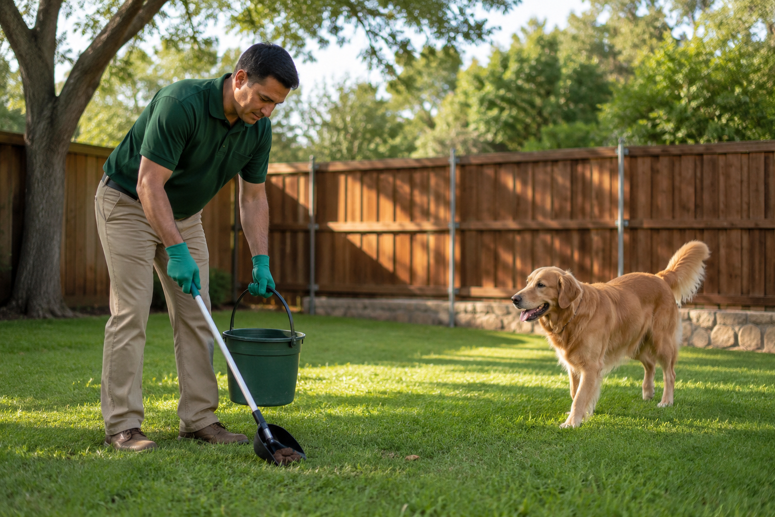 Pet waste technician cleaning a sunny backyard while a dog watches